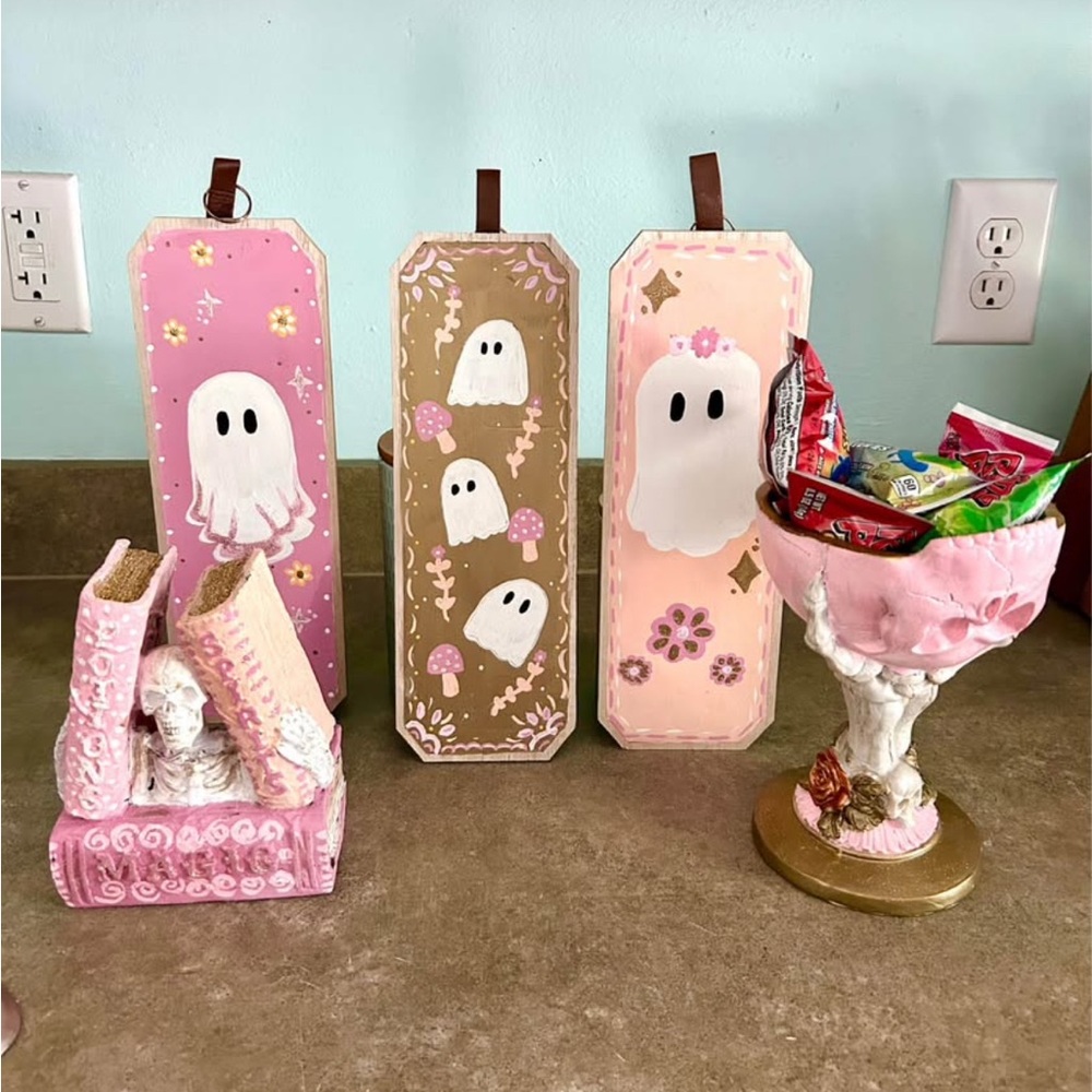 Halloween Decor Hand Painted Pink Orange Gold Glitter